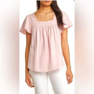 NEW CASLON Square Neck Cotton Short Sleeve Pink Top